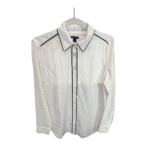 Ann Taylor White Button Down Blouse with Black Piping, Size 8